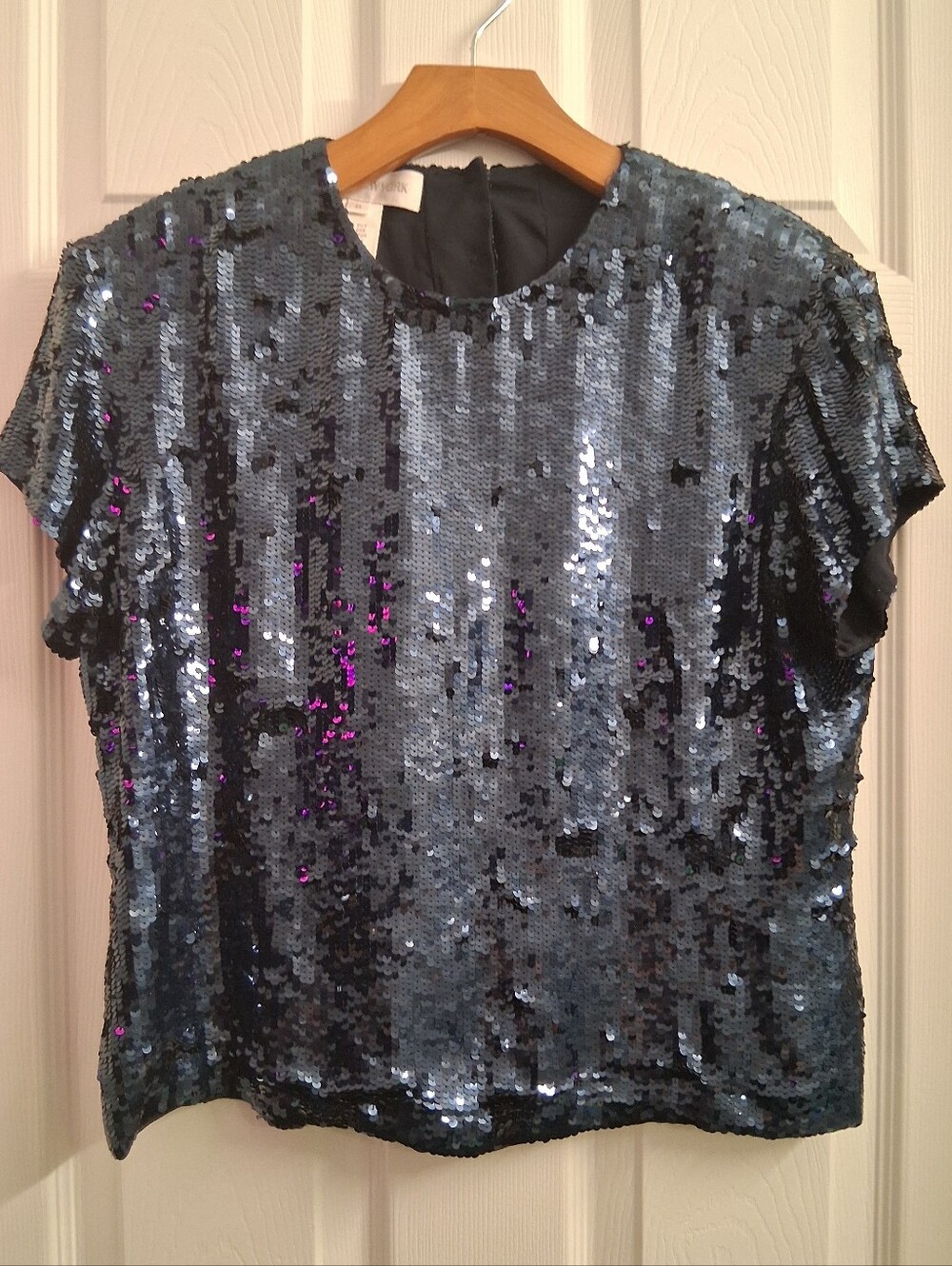 Vintage Jones New York Blue Sequin Top With Shoulder Pads Silk
